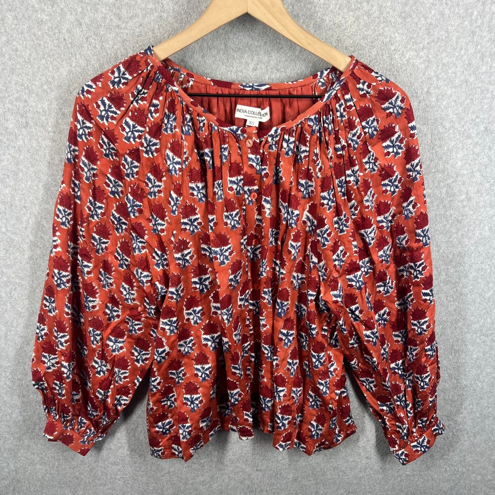 Emerson Fry India Collection Blouse Women XS Red Hand Block Print Modal EUC
